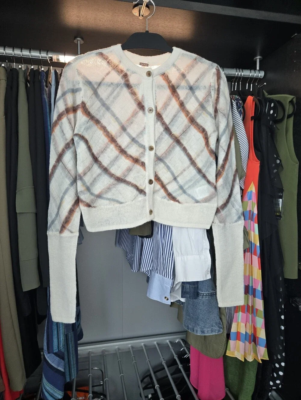 Free People Cream Plaid Cropped Cardigan with Brown and Gray Checks